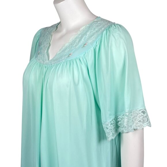Vintage Shadowline Long Nightgown Size M Lace Trim Nylon Short Sleeves Green - Picture 3 of 6